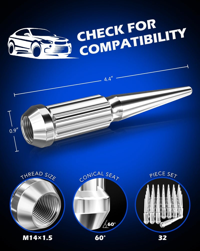 Orion Motor Tech 14mmx1.5 Lug Nuts Chrome 32 Piece  M14x1.5 Spike Lug Nuts Wheel Accessories Compatible with Chevy Ram Ford GMC - Image 2